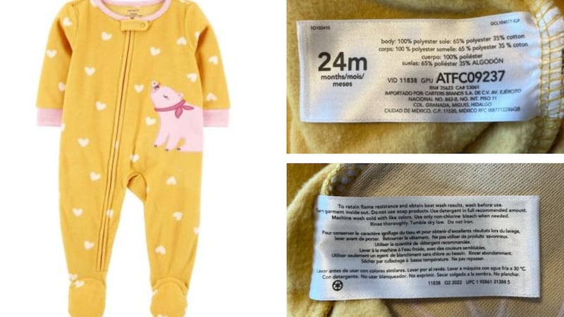The recall only affects the Carter’s infant’s yellow, footed, fleece pajamas with a pig animal...