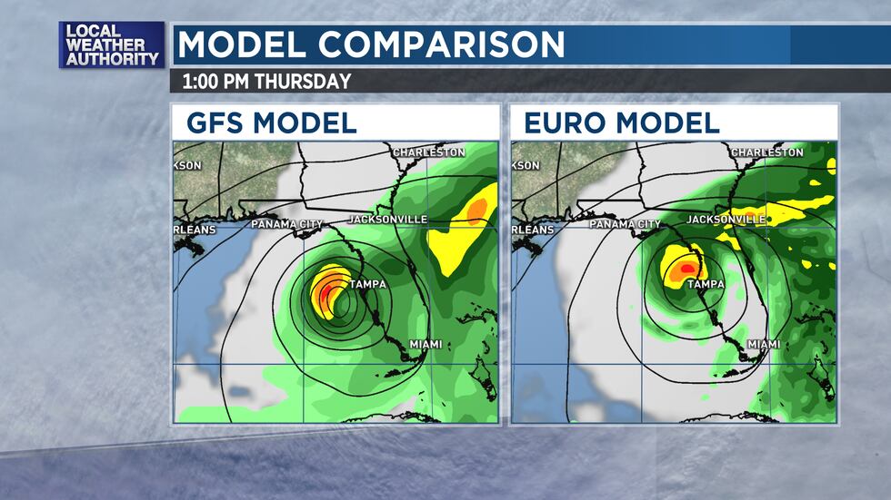 Early Monday morning GFS and ECMWF models for where system may be on this coming Thursday.