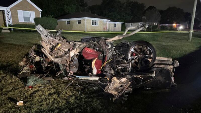 This photo provided by the Indiana State Police shows a vehicle that was heavily damaged in a...